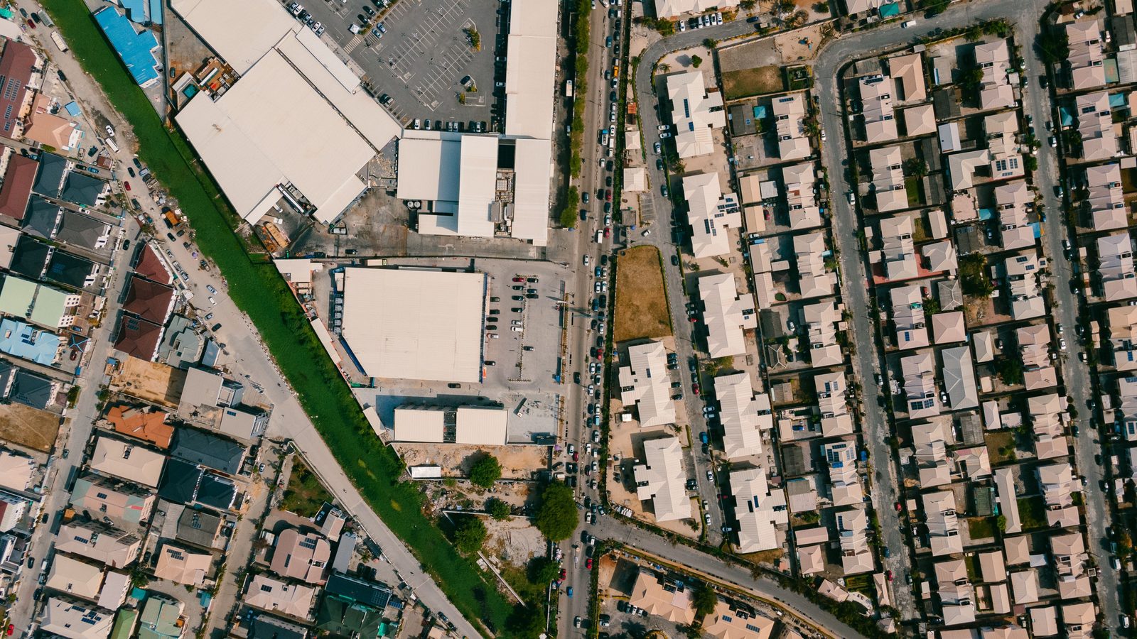 Aerial view of a residential estate and its street drainage network